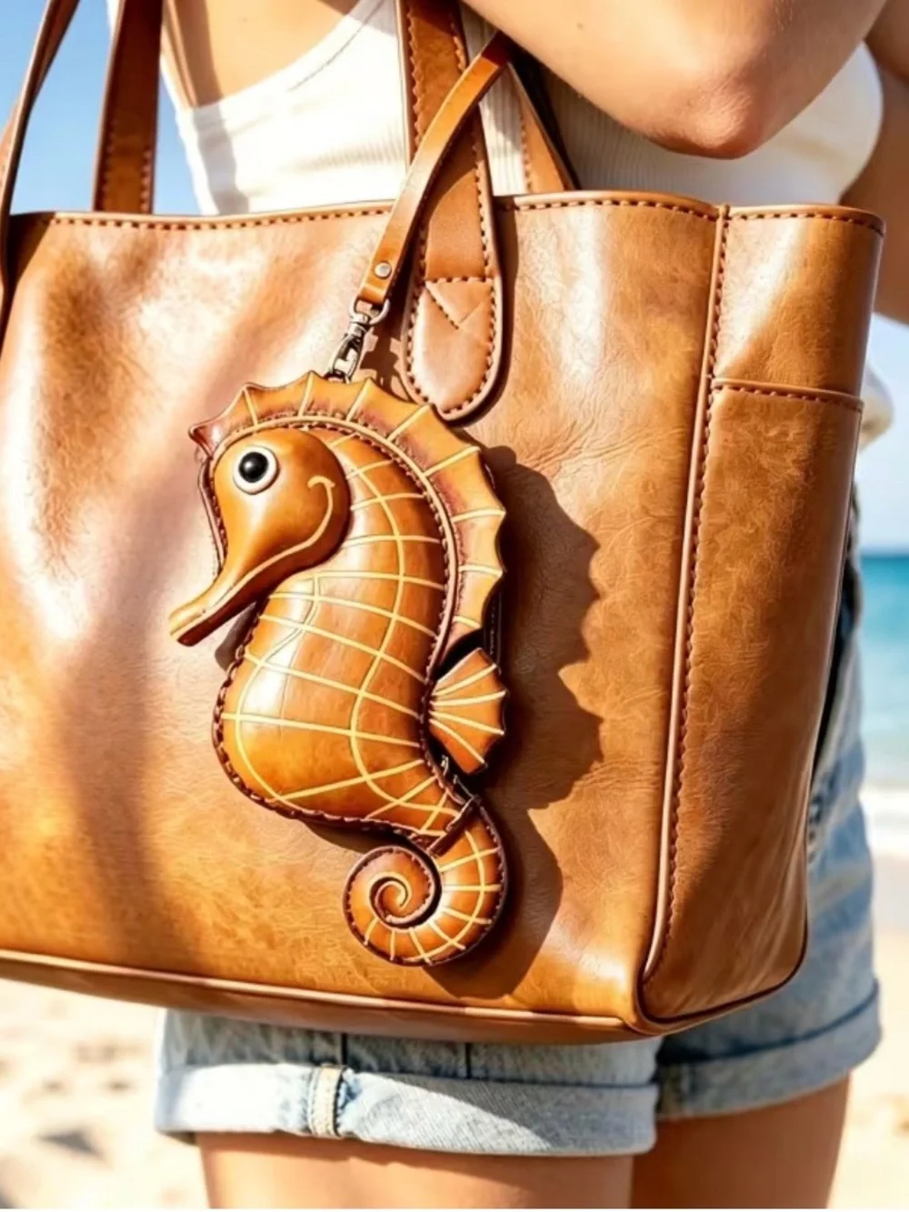 🆕 Handcrafted Seahorse - Genuine Leather - Wristlet Keychain Charm - Tan - Red